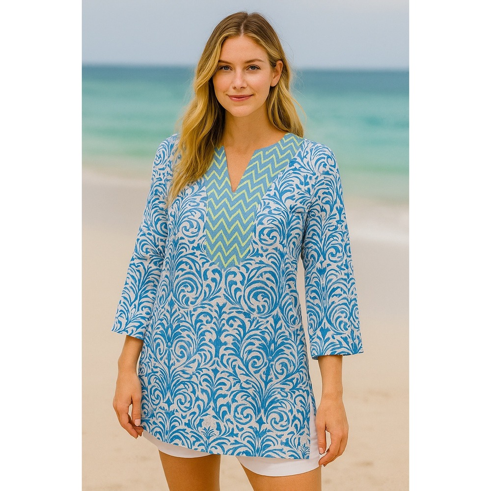 J. McLaughlin Tunic Top Womens Medium Blue Mixed Print Lightweight Cotton Beachy